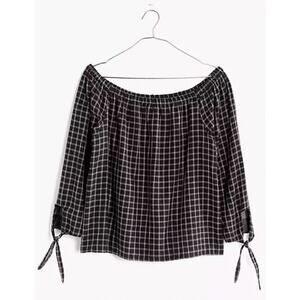 Madewell Black Plaid Off the Shoulder Cotton 3/4 Sleeve Top Size Medium